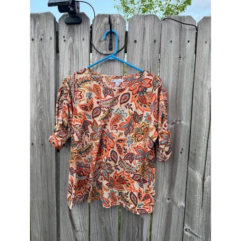 Kate Park Womens Orange Blue Paisley Floral‎ Ruched Short Sleeve Top